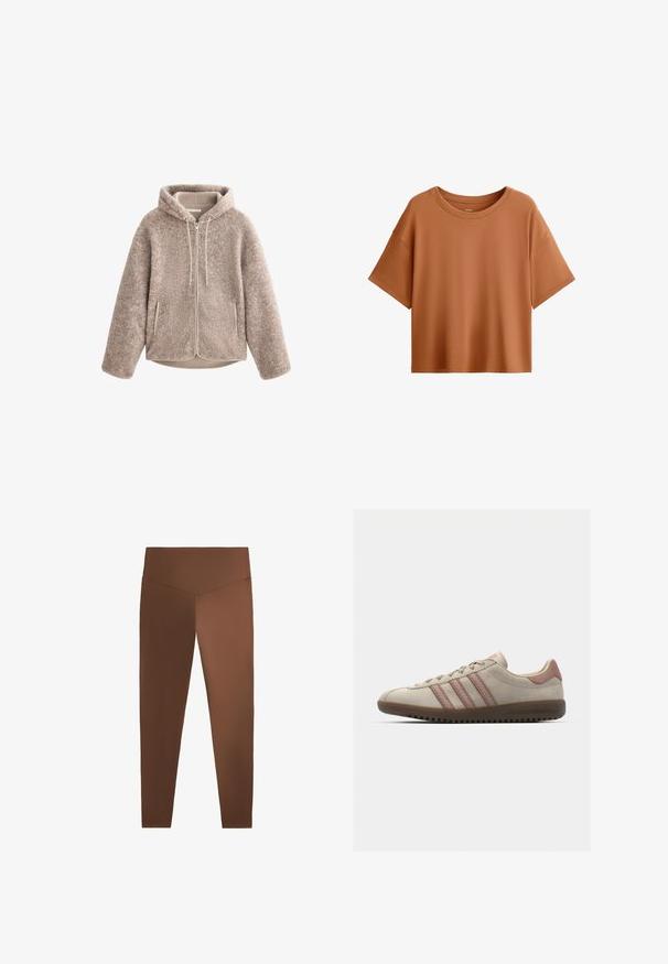 Beige fleece-takki, jossa on huppu, vetoketjukiinnitys, teksturoitu kangas ja kaksi sivutaskua. Pehmeää, lämpimää materiaalia ja rento malli.; T-paita lyhyillä hihoilla ruskearuskeassa värissä. Valmistettu sileästä kankaasta, jossa on leveä kaula-aukko ja rento leikkaus, sekä siisti helma.; Ruskeat legginsit, joissa on sileä pinta, korkea vyötärö ja kapenevat lahkeet, valmistettu venyvästä materiaalista. Ei kuvioita tai näkyviä osia.; Beige kangaskengät vaaleanpunaisilla vivahteilla, joissa on kolme päällekkäistä raitaa, teksturoitu kärkiosa ja kumipohja, jossa on urat.