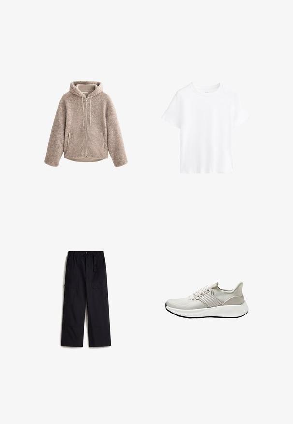 Beige fleece jacket with a hood, featuring a zippered front, textured fabric, and two side pockets. Soft, warm material and relaxed fit.; White cotton t-shirt, short sleeves, round neckline, relaxed fit, smooth texture, no patterns or accents, simple design, versatile style.; Black cargo pants with an elastic waistband, adjustable belt, and two side pockets. Made from a lightweight, textured fabric.; Lightweight athletic shoe in beige mesh material with a textured finish, featuring a white sole and tonal side accents. Simple lace-up design.