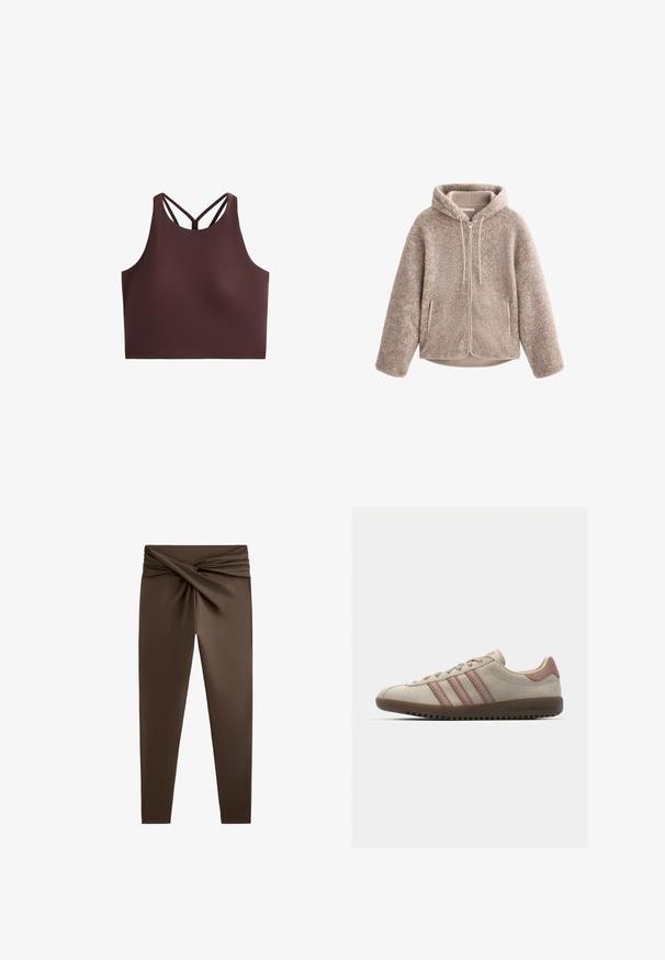 Beżowa polarowa kurtka z kapturem, z zamkiem błyskawicznym z przodu, teksturowana tkanina i dwie boczne kieszenie. Miękki, ciepły materiał i luźny krój.; Brązowy sportowy crop top z wysokim dekoltem, cienkimi ramiączkami tworzącymi wzór X na plecach, wykonany z gładkiego, elastycznego materiału.; Brązowe legginsy z detalem skręconym z przodu, wykonane z gładkiego, elastycznego materiału o dopasowanym kroju, bez ozdób.; Beżowe zamszowe sneakersy z różowymi akcentami, z trzema nakładającymi się paskami, teksturowanym noskiem i gumową podeszwą z rowkami.