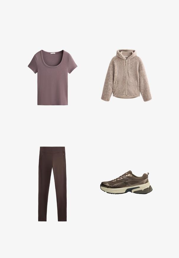 Beige színű polárdzseki kapucnival, cipzáros előlappal, texturált anyaggal és két oldalsó zsebbel. Puha, meleg anyag és laza fazon.; Rövid ujjú, kerek nyakú póló puha, mályva színű bordázott anyagból. Illeszkedő fazon és sima textúra jellemzi.; Barna fitness leggings sima textúrával, magas derékkal és két oldalsó cipzárral, amelyek zsebeket biztosítanak, testre szabott, karcsú fazonban.; Barna sportcipő, hálós felsőrésszel, fémes díszítésekkel, vastag fehér középtalppal és texturált fekete talppal. Fűzős, és hátul húzófüle is van.