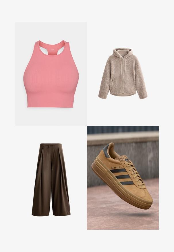 Béžová fleece bunda s kapucňou, s predným zipsom, textúrovanou tkaninou a dvoma bočnými vreckami. Mäkký, teplý materiál a voľný strih.; Ružový rebrovaný športový podprsenka s vysokým výstrihom a dizajnom s prekríženými ramienkami. Vyrobené z elastického materiálu pre pohodlie a podporu. Bez viditeľných prvkov.; Hnedé široké nohavice vyrobené z tkaniny s textúrou, s nastaviteľným pásom na šnúrku a prednými záhybmi.; Svetlé semišové tenisky s hladkým povrchom, obsahujúce tri tmavé pruhy, zaoblenú špičku a hrubšiu podrážku so vzorovaným okrajom.