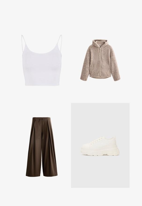 Beige színű polárdzseki kapucnival, cipzáros előlappal, texturált anyaggal és két oldalsó zsebbel. Puha, meleg anyag és laza fazon.; Fehér, vékony állítható pántos top, fitted fazonnal, sima, rugalmas textúrával, minták vagy díszítések nélkül.; Barna, széles szárú nadrág texturált anyagból, húzózsinóros derékpánttal és elülső pliszékkel.; Fehér vászon sportcipő vastag talppal, lekerekített orral és öt fűzőlyukkal. Hátulján egy fül a könnyű felvétel érdekében. Simára kidolgozott textúra, minimális dizájn.