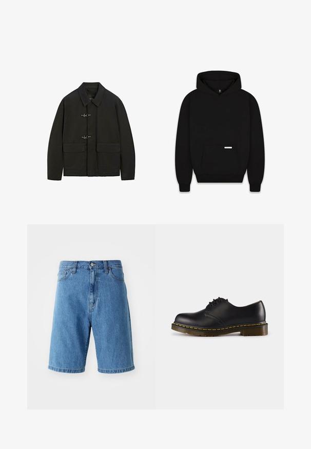 Černá bunda s límcem, stříbrnými cvoky a dvěma předními kapsami. Má rovný střih a matný povrch.; Černá mikina s kapucí a přední kapsou, s žebrovanými manžetami a lemem. Disponuje podšívkovanou kapucí a malou etiketu na kapse. Vyrobena z měkké látky.; Modré denimové kraťasy s uvolněným střihem, pasem s poutky na opasek, předním zapínáním na knoflík a ohrnutými lemy. Bez viditelných vzorů nebo akcentů.; Černá kožená bota s kulatou špičkou, šněrovacím designem, žlutým prošíváním podél podrážky a chunky, texturovanou gumovou podrážkou.
