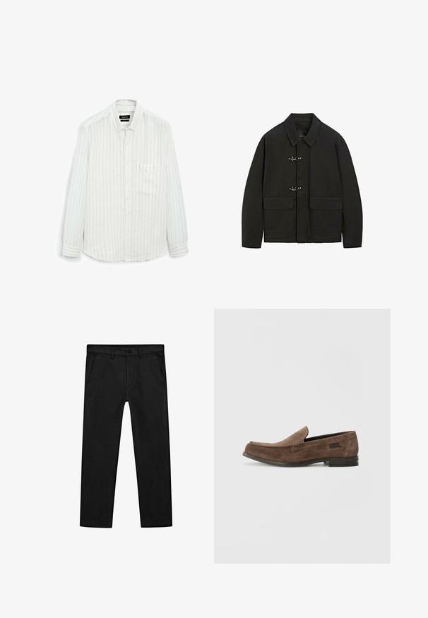 Schwarze Jacke mit Kragen, silbernen Steckverschlüssen und zwei aufgesetzten Taschen. Sie hat einen geraden Schnitt und eine matte Textur.; Weißes Langarmhemd mit dünnen vertikalen Streifen. Mit Knopfleiste, einer Brusttasche und einem weichen, strukturierten Stoff für eine lockere Passform.; Schwarze Baumwollhose mit geradem Bein, Vorderentaschen sowie klassischem Knopfverschluss und Reißverschluss. Glatte Textur, maßgeschneiderte Passform.; Stuart Weitzman BURT - Slipper - espresso