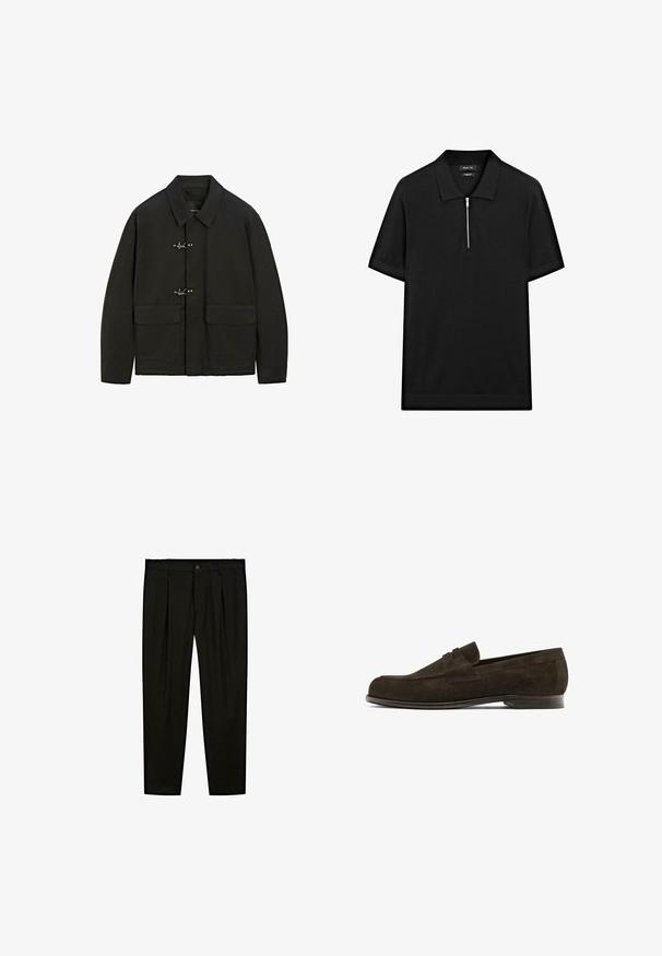 Sort jakke med krave, sølvfarvede lukninger og to forlommer. Den har en lige pasform og en mat overflade.; Sort kortærmet polo skjorte med ståkrave og frontlynlås. Lavet af et glat stof med et rent, minimalistisk design.; Sorte skræddersyede bukser lavet af glat stof. Funktioner inkluderer flad front, brede ben og en knaplukning i taljen.; Brune ruskinds loafers med en rund tå, der har en dekorativ rem over det øverste, og en lav læderhæl. Glat tekstur og minimalistisk design.