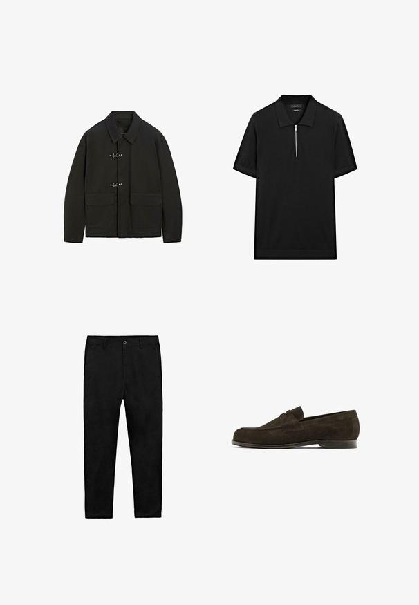 Svart jacka med krage, silverfärgade tryckknappar och två framfickor. Den har rak passform och en matt yta.; Svart kortärmad pikétröja med ståkrage och frontdragkedja. Tillverkad av ett mjukt tyg med en ren, minimalistisk design.; Svarta raka byxor med knäppning, bältesömmar och sidofickor, liggande platt på en vit bakgrund.; Brun mockaläderloafer med rund tå, prydd med ett dekorativt band över ovandelen och en låg läderklack. Slät textur och minimalistisk design.