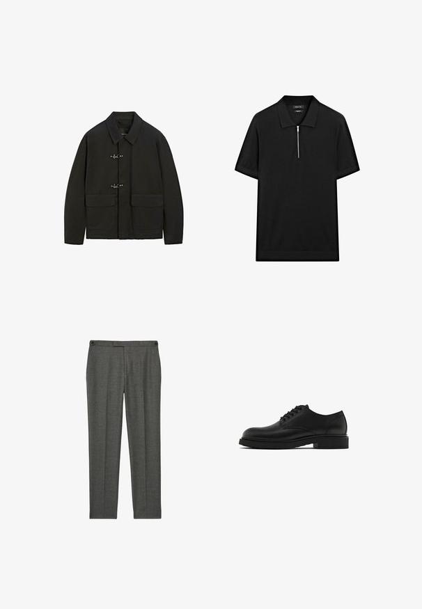 Zwarte jas met een kraag, zilveren sluitingen en twee voorzakken. Het heeft een rechte snit en een matte textuur.; Zwarte polo met korte mouwen, een staande kraag en een rits aan de voorkant. Gemaakt van een gladde stof met een schoon, minimalistisch ontwerp.; Grijze op maat gemaakte broek van een textuurstof. Heeft een vlakke voorkant, twee zijzakken en subtiele stikdetails.; Zwarte leren nette schoen met een textuur, ronde neus, vijf oogjes voor veters en een stevige zwarte zool. Eenvoudig, recht design.