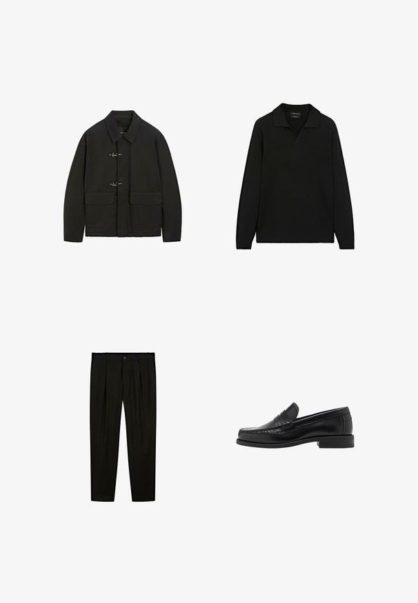 Schwarze Jacke mit Kragen, silbernen Steckverschlüssen und zwei aufgesetzten Taschen. Sie hat einen geraden Schnitt und eine matte Textur.; Schwarzer Strickpullover mit flachem Kragen und V-Ausschnitt. Verfügt über lange Ärmel sowie gerippte Bündchen und Saum. Textiles Material mit glatter Optik.; Schwarze maßgeschneiderte Hose aus glattem Stoff. Zu den Merkmalen gehören eine flache Vorderseite, weite Beine und ein Knopfverschluss am Taillenbund.; Schwarze Lederloafer mit glatter Oberfläche, genähten Details an der Zehe und einem flachen Absatzdesign für Komfort und Stil.