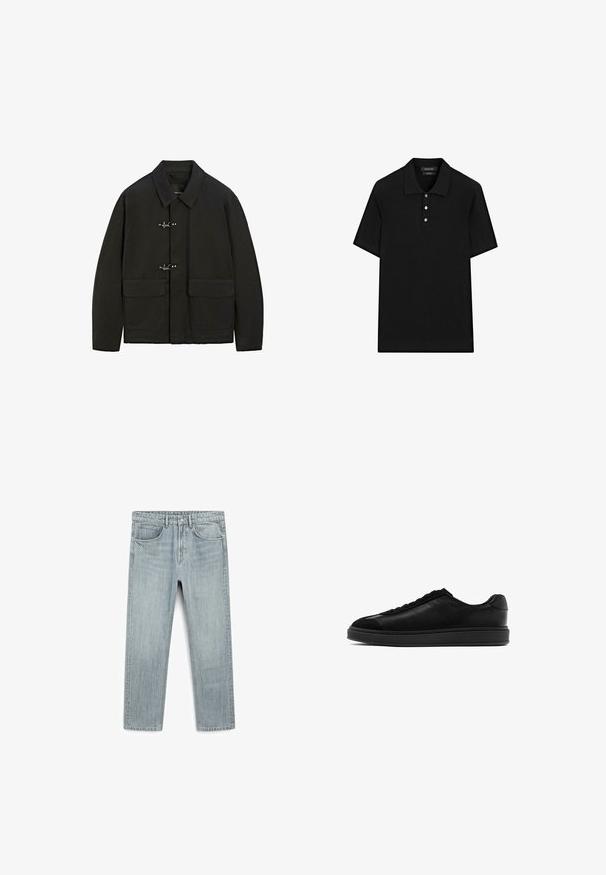 Schwarze Jacke mit Kragen, silbernen Steckverschlüssen und zwei aufgesetzten Taschen. Sie hat einen geraden Schnitt und eine matte Textur.; Schwarzes Polohemd mit gerippter Textur, kurzen Ärmeln, einem flachen Kragen und einer Drei-Knopf-Leiste. Einfaches und klassisches Design.; Helle blaue Jeans aus Denim mit geradem Schnitt, fünf Taschen und sichtbarem Knopf- und Reißverschluss. Glatte Textur mit leichtem Verblassen.; Schwarze Ledersneaker mit glatter Oberfläche, runder Zehenpartie, Schnürung vorne und einer kontrastierenden strukturierten Lasche. Dicke schwarze Gummisohle.