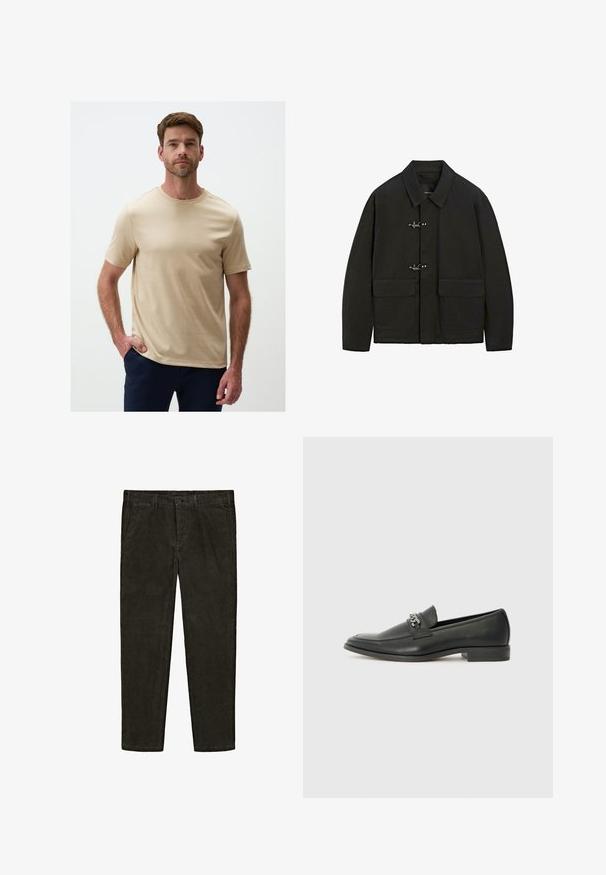 Schwarze Jacke mit Kragen, silbernen Steckverschlüssen und zwei aufgesetzten Taschen. Sie hat einen geraden Schnitt und eine matte Textur.; Beige Kurzarm-T-Shirt aus glattem Stoff mit Rundhalsausschnitt, das eine reguläre Passform und minimale Nähte aufweist.; Dunkelgrüne Kordhosen mit einer taillierten Passform, zwei seitlichen Taschen und einem frontalen Knopfverschluss. Weicher Stoff und gerades Bein-Design.; Schwarzer Lederloafer mit glatter Oberfläche, ausgestattet mit einer gesteppten Gestaltung und einem dekorativen Metallkettendetail über dem Vorderblatt. Flacher Absatz.