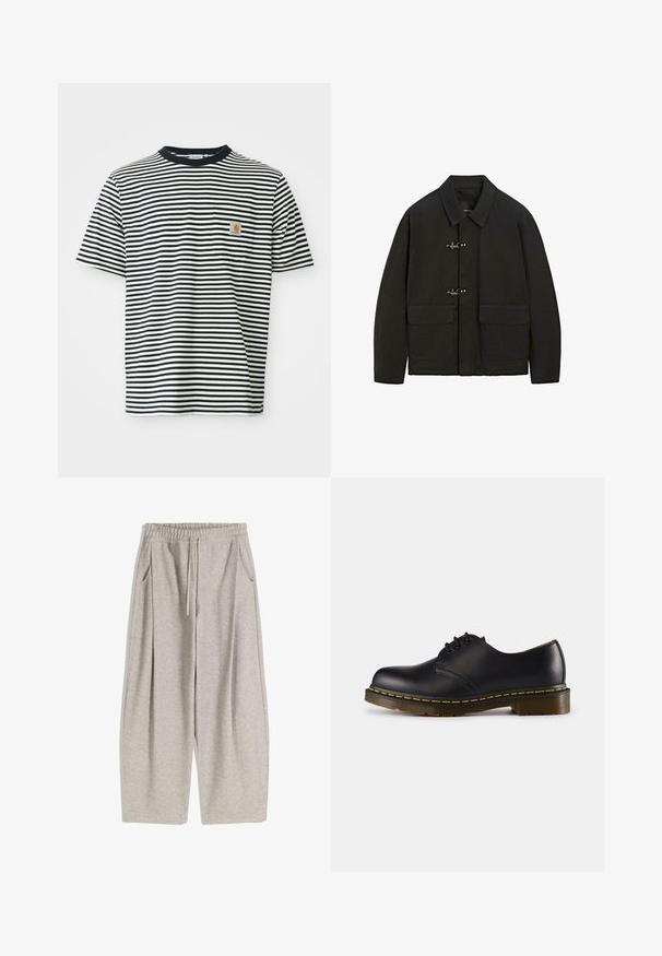 Czarna kurtka z kołnierzem, srebrnymi zapięciami na toggle i dwoma przednimi kieszeniami. Ma prosty krój i matową teksturę.; Czarna i biała poziomo paskowana koszulka z krótkim rękawem z małą kieszonką na klatce piersiowej, z pomarańczową łatą z logo Carhartt.; Jasnoszare dresy z elastycznym pasem, regulowanym sznurkiem, dwoma bocznymi kieszeniami i luźnymi, rozszerzanymi nogawkami. Miękka faktura, plisowany wzór.; Czarna skórzana półbut z okrągłym noskiem, wiązany, z żółtym przeszyciem wzdłuż podeszwy i masywną, teksturowaną gumową podeszwą.