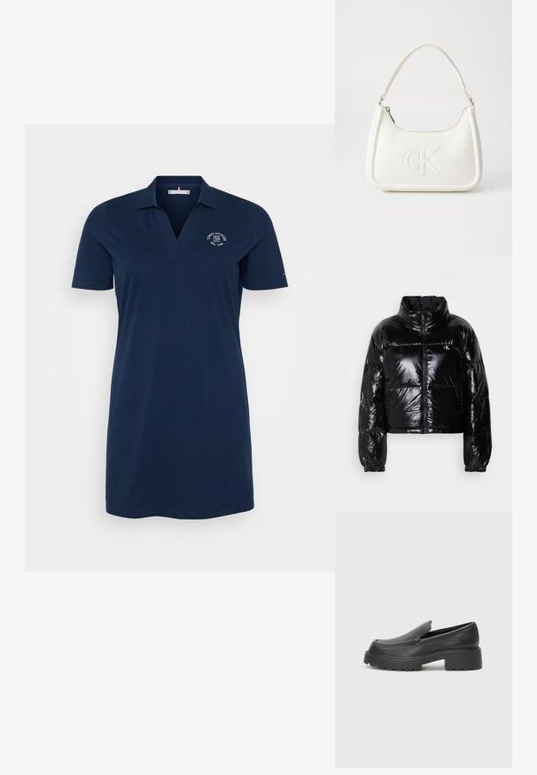 Casaco puffer preto com uma textura brilhante e suave, design cropped, gola alta e punhos elásticos. Apresenta um fecho frontal e detalhe de logótipo.; Vestido polo azul-marinho com mangas curtas, decote em V e logótipo bordado. Tecido suave, comprimento acima do joelho, design clássico.; Mocassins de couro preto com bico arredondado, sola espessa e texturizada, e detalhes de costura minimalistas. Design elegante sem atacadores ou ferragens visíveis.; Mala de mão branca em pele com uma forma curva, apresentando um logo "CK" em relevo na frente e uma alça de ombro única. Fecho com zíper na parte superior.