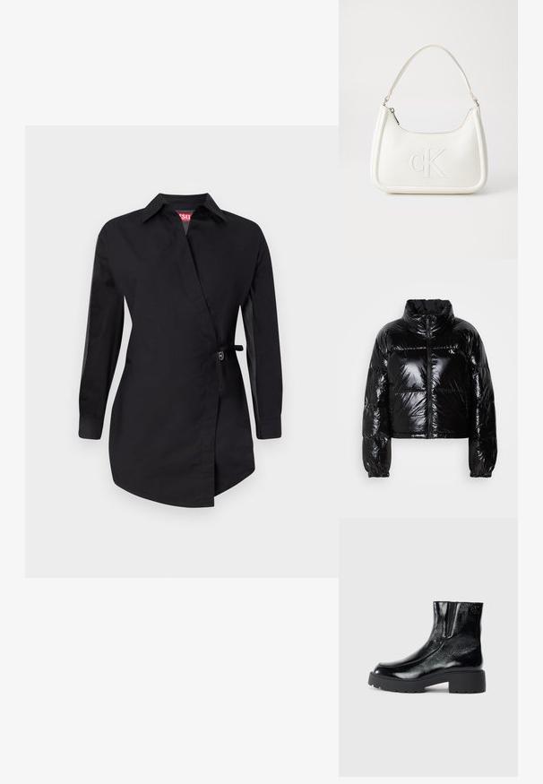 Juodas pūkinis švarkas su blizgia, lygiomis tekstūromis, trumpu dizainu, aukštu apykakle ir elastinėmis rankogaliais. Su priekiniais užtrauktukais ir logo detalėmis.; Juoda medvilninė suknelė, turinti apvyniojimo dizainą, ilgomis rankovėmis ir reguliuojamu diržu. Lygus tekstas su struktūruotu apykakle.; Juodi kulkšniniai batai su blizgia lakuota oda, storu juodu guminio pado ir pakeltu kulnu; šone yra subtilus logotipo detalė.; Balta odinė rankinė su išlenkta forma, su reljefiniu "CK" logotipu priekyje ir viena petneša. Užtrauktuko uždarymas viršuje.