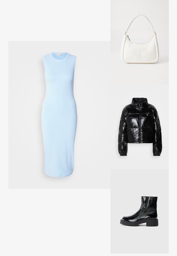 Černá péřová bunda s lesklou, hladkou texturou, zkráceným designem, vysokým límcem a elastickými manžetami. Obsahuje přední zip a detail s logem.; Světlé modré midi šaty bez rukávů v těsném střihu, vyrobené z hladkého materiálu s decentním vyšitým logem na hrudi.; Černé kotníkové boty s lesklým lakovaným povrchem, robustní černou gumovou podešví a zvýšeným podpatkem; obsahují jemný logo detail na boku.; Bílá kožená kabelka s křivkovým tvarem, na přední straně s vyraženým logem "CK" a jediným ramenním popruhem. Zipový uzávěr na vrchu.