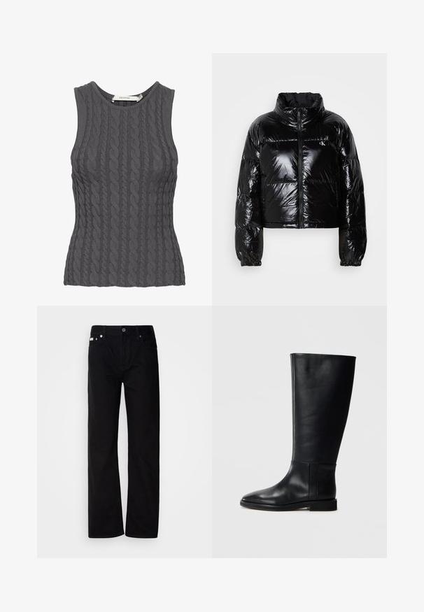 Fekete pufikabát, fényes, sima textúrával, rövidített fazonnal, magas gallérral és rugalmas mandzsettákkal. Elülső cipzárral és logóval rendelkezik.; Szürke, ujjatlan, kábeles kötésű felső, kerek nyakkivágással, textúrált mintázattal és testhez simuló fazonnal. A márkacímke látható a belső oldalon.; Fekete farmer egyenes fazonú nadrág öt zsebbel, ezüst szegecsekkel és gombos zárással. Az anyaga sima, enyhén texturált felületű.; Fekete bőrből készült, térd fölé érő csizma, lekerekített orral, sima felülettel, minimalista dizájnnal és lapos talppal. Egyszerű varrási részletek a szárán.