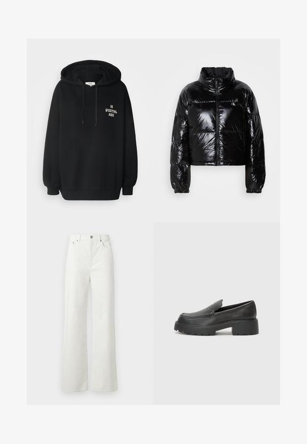 Čierna páperová bunda so lesklou, hladkou textúrou, skráteným dizajnom, vysokým golierom a elastickými manžetami. Obsahuje predný zips a detail s logom.; Čierna mikina s kapucňou vyrobená z bavlneného zmesi, s dlhými rukávmi, rebrovanými manžetami a potlačeným textom "IS DIGITAL AGE" v bielej farbe.; Samsøe Samsøe SHELLY - Džínsy voľného strihu - clear cream; Čierne kožené mokasíny s okrúhlou špičkou, hrubou textúrovanou podrážkou a minimom stehovej výzdoby. Štíhly dizajn bez viditeľných šnúr alebo kovania.
