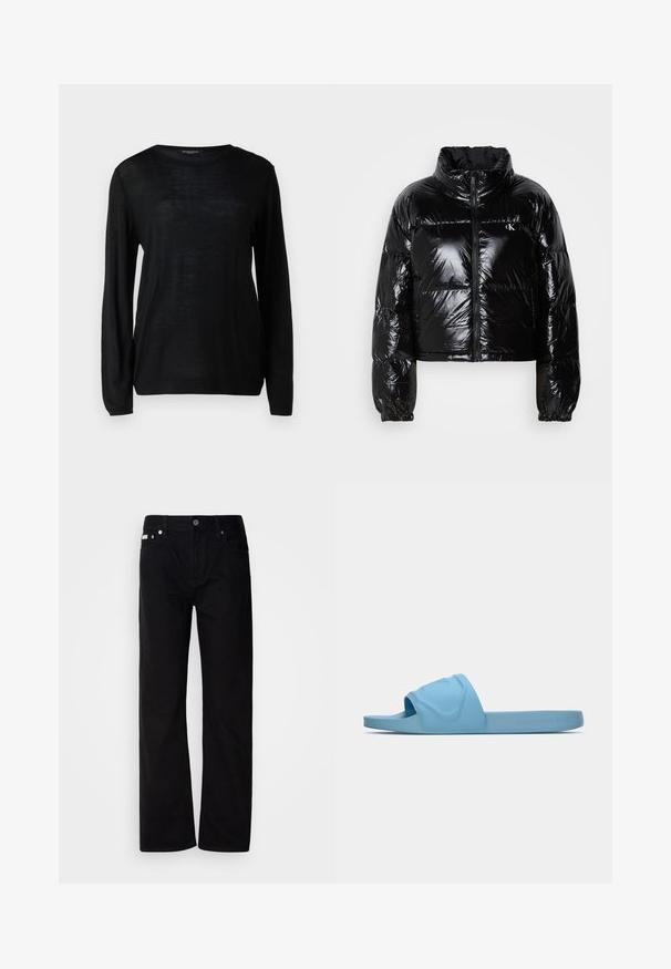 Juodas pūkinis švarkas su blizgia, lygiomis tekstūromis, trumpu dizainu, aukštu apykakle ir elastinėmis rankogaliais. Su priekiniais užtrauktukais ir logo detalėmis.; Juodas ilgas rankovėmis megztinis su apvaliu kaklu. Pagamintas iš lengvos, tekstūruotos medžiagos. Paprastas, vientisas dizainas be raštų ar akcentų.; Juodi džinsai tiesaus kirpimo su penkiomis kišenėmis, sidabriniais kabliukais ir mygtukų užtrauktuku. Medžiaga turi lygią, šiek tiek tekstūruotą apdailą.; Šviesiai mėlynos šlepetės, pagamintos iš sklandžiai gumos, su iškilusiu logotipu ant dirželio ir lygiu, tekstūruotu padu.