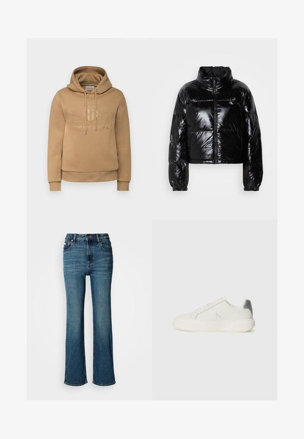Jachetă puffer neagră cu o textură strălucitoare și netedă, design scurt, guler înalt și manșete elastice. Are un fermoar frontal și detalii cu logo.; GANT TONAL SHIELD HOODIE - Hanorac - camel; Jeans albastre cu talie înaltă, din denim, cu un design drept, ușor decolorate și închidere standard cu buton și fermoar.; Sneaker alb din piele cu o textură netedă, având un accent argintiu pe călcâi, talpă plată și un design minimalist.