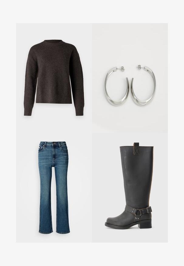 Črna puhovka z bleščečo, gladko teksturo, krojena zasnova, visok ovratnik in elastični manšeti. Ima sprednji zadrgo in detajl z logotipom.; Samsøe Samsøe ANOUR - Pulover - chocolate torte; Visoko pasne modre jeans hlače iz denima, s straight leg dizajnom, rahlim bledenjem in standardnim gumbom ter zadrgo.; Črne usnjene škornje do kolen z teksturirano obdelavo, ki imajo stranski sponko in nizko peto. Podrobno šivanje po šivih.; Srebrni uhani v obliki obroča z gladkim, ukrivljenim oblikovanjem. Imajo sijajno kovinsko površino in zapiranje na žebljiček. Brez vidnih vzorcev ali dodatkov.