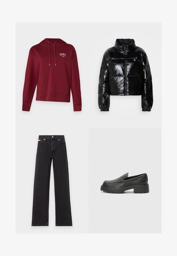 Czarna kurtka puchowa o błyszczącej, gładkiej fakturze, skróconym kroju, wysokim kołnierzu i elastycznych mankietach. Posiada zamek błyskawiczny z przodu oraz detal z logo.; GANT - Bluza; Czarne dżinsy o szerokich nogawkach, wykonane z denimu, z wysokim stanem, pięcioma kieszeniami oraz metalowym zapięciem z kontrastowym szwem.; Czarne skórzane mokasyny z zaokrąglonym noskiem, grubą fakturowaną podeszwą oraz minimalnymi detalami szycia. Elegancki design bez widocznych sznurowadeł czy elementów metalowych.