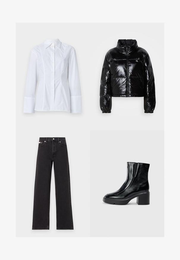 Chaqueta acolchada negra con textura brillante y suave, diseño corto, cuello alto y puños elásticos. Presenta un cierre frontal y detalles del logo.; Camisa blanca de manga larga en tejido de algodón, con cuello puntiagudo, cierre frontal de botones y costuras verticales sutiles a lo largo del frente.; Jeans anchos de mezclilla negros, con cintura alta, cinco bolsillos y cierre de botón metálico con costuras contrastantes.; Botas de tobillo de charol negro con puntera curva, paneles laterales elásticos y un tacón ancho. Presentan un logo embosado en la parte posterior.