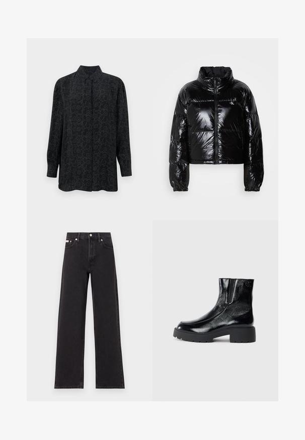 Schwarze Pufferjacke mit glänzender, glatter Textur, verkürztem Schnitt, hohem Kragen und elastischen Bündchen. Verfügt über einen Frontreißverschluss und ein Logodetail.; Schwarz langärmliges Hemd mit Kragen, das ein florales Umrissmuster in Dunkelgrau aufweist. Aus glattem Stoff mit einer lockeren Passform gefertigt.; Schwarze weit geschnittene Jeans aus Denim mit einem hoch sitzenden Bund, fünf Taschen und einem Metallknopfverschluss mit kontrastierendem Nähte.; Schwarze Knöchelstiefel mit glänzender Lackleder-Oberfläche, einer kräftigen gummierten schwarzen Sohle und Absatz; mit dezentem Logodetail an der Seite.