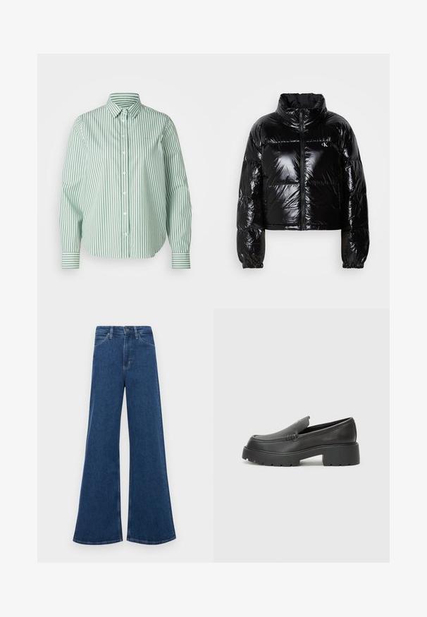 Black puffer jacket with a shiny, smooth texture, cropped design, high collar, and elasticized cuffs. Features a front zipper and logo detail.; GANT STRIPED - Button-down blouse - seacrest green; Blue denim flared jeans with a high waist, featuring five pockets, a button closure, and contrast stitching on the seams.; Black leather loafers with a rounded toe, thick textured sole, and minimal stitching details. Sleek design with no visible laces or hardware.