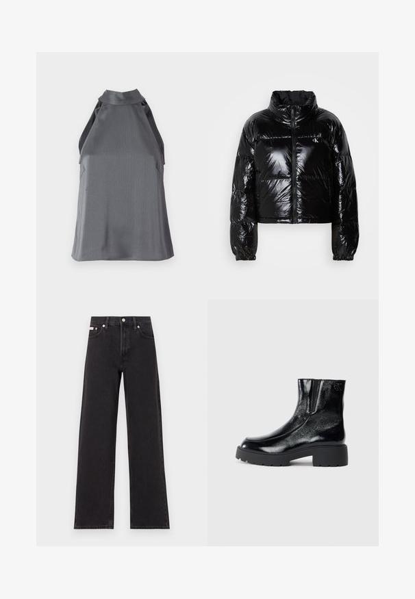 Casaco puffer preto com uma textura brilhante e suave, design cropped, gola alta e punhos elásticos. Apresenta um fecho frontal e detalhe de logótipo.; Top halter cinza escuro, sem mangas, texturizado, com um decote alto e detalhes recortados nas laterais, pousado plano sobre um fundo branco.; Jeans de perna larga pretos feitos de denim, apresentando uma cintura alta, estilo de cinco bolsos e um fecho em botão de metal com costura contrastante.; Botas de tornozelo pretas com acabamento em pele envernizada brilhante, sola de borracha preta robusta e salto elevado; inclui um detalhe discreto do logótipo na lateral.