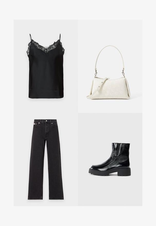 Schwarze Pufferjacke mit glänzender, glatter Textur, verkürztem Schnitt, hohem Kragen und elastischen Bündchen. Verfügt über einen Frontreißverschluss und ein Logodetail.; Schwarzes Top mit dünnen verstellbaren Trägern, Spitzenbordüre entlang des Ausschnitts und einer glatten Satin-Oberfläche. Einfaches und elegantes Design.; Schwarze weit geschnittene Jeans aus Denim mit einem hoch sitzenden Bund, fünf Taschen und einem Metallknopfverschluss mit kontrastierendem Nähte.; Schwarze Knöchelstiefel mit glänzender Lackleder-Oberfläche, einer kräftigen gummierten schwarzen Sohle und Absatz; mit dezentem Logodetail an der Seite.; Weiße Handtasche mit glatter Textur, geschwungener Silhouette und verstellbarem Schulterriemen. Verfügt über ein dezentes Logo-Muster und silberne Hardware-Akzente.