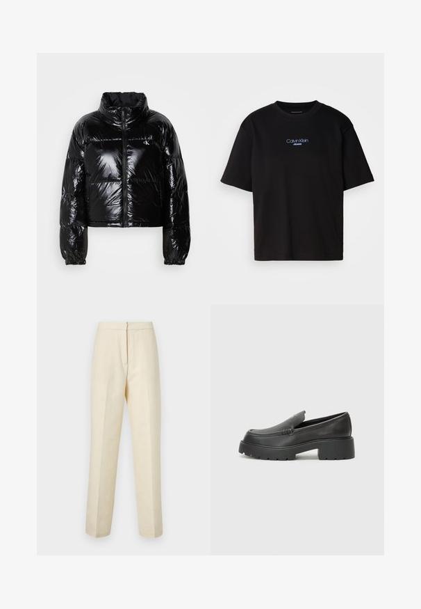 Fekete pufikabát, fényes, sima textúrával, rövidített fazonnal, magas gallérral és rugalmas mandzsettákkal. Elülső cipzárral és logóval rendelkezik.; Fekete pamut póló kerek nyakkal, rövid ujjú, elöl kék hímzett "Calvin Klein JEANS" logóval.; Világos krém színű, szabott nadrág, texturált virágmintázattal, egyenes lábakkal és letisztult derékkal, hátul záródik.; Fekete bőr loafer cipők kerek orral, vastag, texturált talppal és minimális varrási részletekkel. Áramvonalas dizájn, látható fűzők vagy fém részek nélkül.