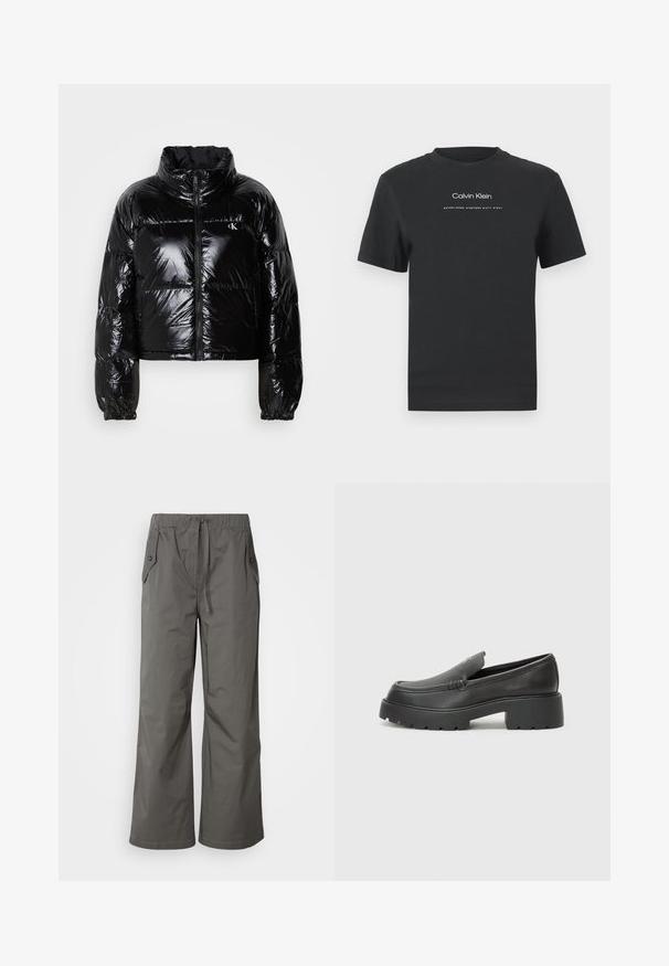 Čierna páperová bunda so lesklou, hladkou textúrou, skráteným dizajnom, vysokým golierom a elastickými manžetami. Obsahuje predný zips a detail s logom.; Čierne bavlnené tričko s okrúhlym výstrihom, kratkými rukávmi a bielou potlačou loga "Calvin Klein" a textu "Established 1968".; Sivé nohavice s širokými nohavicami vyrobené z ľahkého materiálu, s elastickým pásom, šnúrkou na stiahnutie a dvoma bočnými vreckami s gombíkovými detailmi.; Čierne kožené mokasíny s okrúhlou špičkou, hrubou textúrovanou podrážkou a minimom stehovej výzdoby. Štíhly dizajn bez viditeľných šnúr alebo kovania.