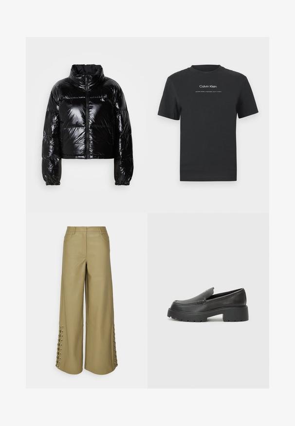 Doudoune noire avec une texture brillante et lisse, design cropped, col haut et poignets élastiqués. Comprend une fermeture éclair à l'avant et un détail de logo.; T-shirt en coton noir avec un col rond, des manches courtes, et un logo "Calvin Klein" imprimé en blanc ainsi que le texte "Established 1968".; Pantalons à jambe large en simili cuir vert olive, avec un détail de lacets le long des coutures latérales et poches avant. Texture lisse et coupe ajustée.; Mocassins en cuir noir avec un bout arrondi, une semelle épaisse et texturée, et des détails de couture minimalistes. Design épuré sans lacets ni métal visibles.
