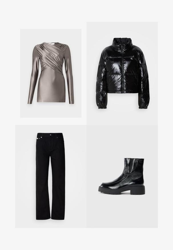 Casaco puffer preto com uma textura brilhante e suave, design cropped, gola alta e punhos elásticos. Apresenta um fecho frontal e detalhe de logótipo.; T-shirt de manga longa em tecido metálico taupe, com um design frontal drapeado e detalhes texturizados nas mangas. Silhueta suave e ajustada.; Calças de ganga pretas de perna reta com cinco bolsos, rebites prateados e fecho de botão. O tecido tem um acabamento suave e ligeiramente texturizado.; Botas de tornozelo pretas com acabamento em pele envernizada brilhante, sola de borracha preta robusta e salto elevado; inclui um detalhe discreto do logótipo na lateral.