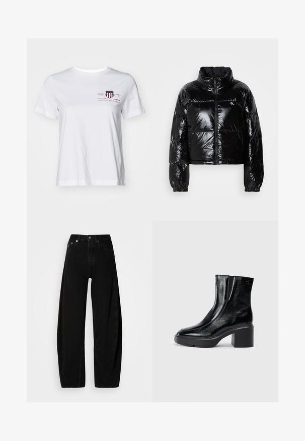 Crna puffer jakna s sjajnom, glatkom teksturom, skraćeni dizajn, visoki ovratnik i elastične manžete. Ima prednji zatvarač i detalj s logom.; Bijela pamukasta majica s kratkim rukavima, okruglim izrezom i crveno-plavim izvezenim logom s lijeve strane. Glatka tekstura, opušteni kroj.; Crne traperice širokog kroja s visokim strukom, s kopčanjem na gumbe, pet džepova i minimalnim detaljima šivanja.; Crne lakirane gležnjače s zakrivljenim prstom, elastičnim bočnim panelima i masivnom blok petom. Sadrže urezani logo na leđima.