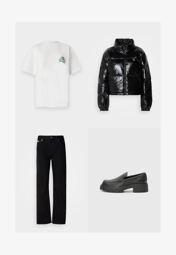 Melnā pūkultuves jaka ar spīdīgu, gludu tekstūru, īsu dizainu, augstu apkakli un elastīgiem piedurknēm. Iezīmējas ar priekšējo rāvējslēdzēju un logotipa detaļu.; Balta kokvilnas T-krekls ar īsām piedurknēm un apaļu kakla izgriezumu. Uz kreisā krūts ir zaļš grafiskais prints.; Melnas denima taisnas kājas bikses ar pieciem kabatām, sudraba kniedēm un pogu aizdari. Audumam ir gluda, nedaudz teksturēta virsma.; Melnas ādas mokasīni ar noapaļotu purngalu, biezs teksturēts zoles un minimālas dūriena detaļas. Gluds dizains bez redzamām auklām vai metāla elementiem.