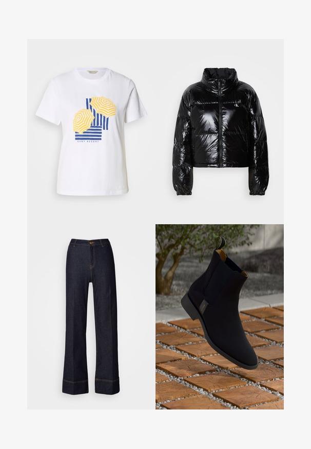Zwarte pufferjack met een glanzende, gladde textuur, een cropped ontwerp, hoge kraag en elastische cuffs. Voorzien van een rits aan de voorkant en logo-detail.; Witte katoenen T-shirt met een grafisch ontwerp van gele en blauwe gestreepte strandparaplu's met de tekst "GANT RESORT" onderaan.; Donkerdenim wijde broek met hoge taille, voorzien van een knoopsluiting aan de voorkant en oranje stikselaccenten. Glad textuur overal.; Zwarte leren enkelboot met een gladde afwerking, gele binnenvoering en een trekband; geplaatst op een gestructureerd houten en grindoppervlak.