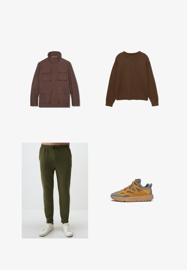 Bruine outdoorjas met een hoge kraag, twee borstzakken en twee onderzakken. Gemaakt van een gladde, waterafstotende stof.; Bruine gebreide trui met een ronde halslijn, lange mouwen en een ontspannen pasvorm. Soepele textuur met geribde manchetten en zoom.; Olijfgroene joggingsbroek met een elastische tailleband, trekkoorddetails en een taps toelopende pijp, gecombineerd met witte sneakers. Soepele textuur.; Wandel schoenen met een grijze textiel bovenkant en gele suède accenten. Voorzien van een gestructureerde rubberen zool met een zigzagpatroon voor grip.
