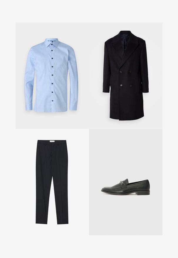 Čierny vlnený dvojradový kabát s veľkými výstrihmi, dvoma prednými vreckami a šiestimi gombíkmi. Textúrovaná tkanina s hladkým vnútorným podšívaním.; Svetlo modrá košeľa s dlhým rukávom a textúrovaným vzorom, s špicatým golierom a šiestimi čiernymi gombíkmi na prednej strane.; Čierne vychádzkové nohavice s plochým predným dielom, klasického strihu, vyrobené z hladkej tkaniny, s prešitou záhybmi a bočnými vreckami.; Čierne kožené loafers s hladkým povrchom, s prešitým dizajnom a dekoratívnym kovovým reťazovým akcentom cez priehlavok. Plochý podpätok.