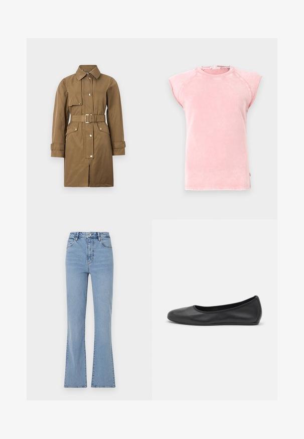 Brown belted trench coat with a collar, front zip, snap buttons, and side pockets, featuring a smooth texture and straight cut.; Pink sleeveless T-shirt in soft fabric, featuring a round neckline and raw-edge armholes with contrasting stitching details.; Light blue flared jeans with a high waist, made from denim. Features a front button and zip closure, and visible stitching along the seams.; Black leather ballet flat with a rounded toe, smooth texture, minimal stitching detail, and a flexible sole design.