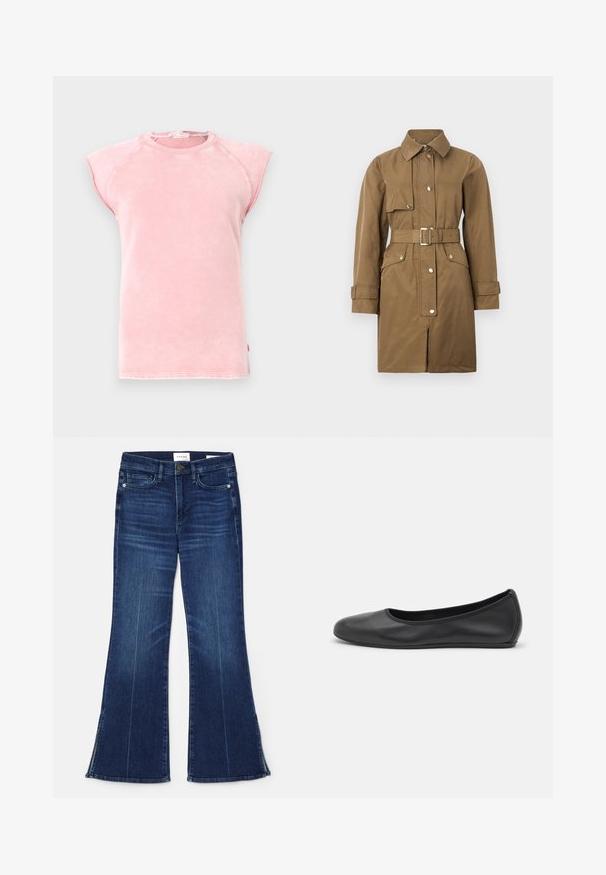 Brun bælte trenchcoat med klap, frontlynlås, trykknapper og sidelommer, med en glat tekstur og lige snit.; Lyserød ærmeløs T-shirt i blødt stof med en rund halsudskæring og råkante ved armhulerne med kontrasterende syninger.; Mørkeblå flagrende jeans lavet af denim. Har høj talje, forlommer og splitdetaljer i kanten. Klassisk fem-lomme design.; Sort læderballetsko med rund tå, glat tekstur, minimal syning og et fleksibelt såldesign.