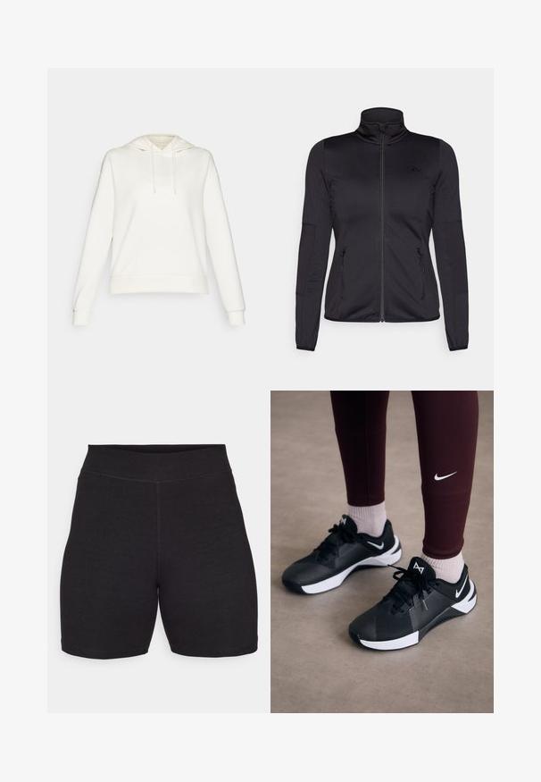 Black zip-up jacket with a high collar, constructed from smooth, stretchy fabric, featuring two zippered front pockets and textured sleeves.; White hoodie with a drawstring hood, long sleeves, and ribbed cuffs. Features smooth fabric texture and a relaxed fit.; Black cycling shorts with a high waist, made of stretchy, soft fabric. Features flat seams and a smooth texture for comfort.; Black athletic shoes with a textured upper and white accents, featuring laces and a side logo. Worn with maroon leggings and light socks.
