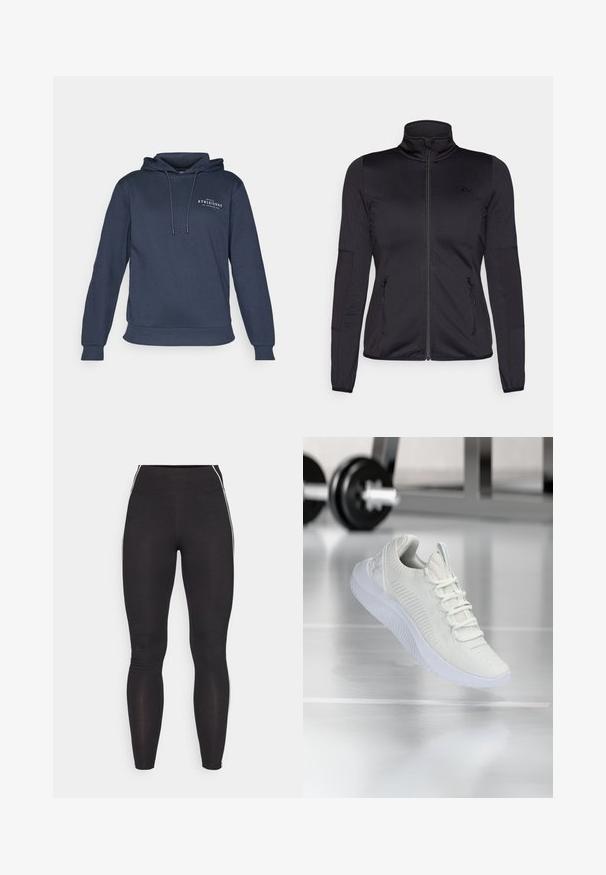 Jachetă neagră cu fermoar, cu guler înalt, confecționată dintr-un material neted și elastic, având două buzunare frontale cu fermoar și mâneci texturate.; Hanorac bleumarin dintr-un material moale, cu un buzunar frontal tip kangaroo, glugă ajustabilă cu șnur și un logo alb subtil pe piept.; Legginguri negre dintr-un material elastic, cu un talie înaltă. Au dungi laterale albe și o textură netedă pe toată suprafața.; Sneaker sportiv alb cu o parte superioară din plasă texturată și sistem de șireturi, având o talpă albă cu un amortizor și accente subtile în formă de nervuri.