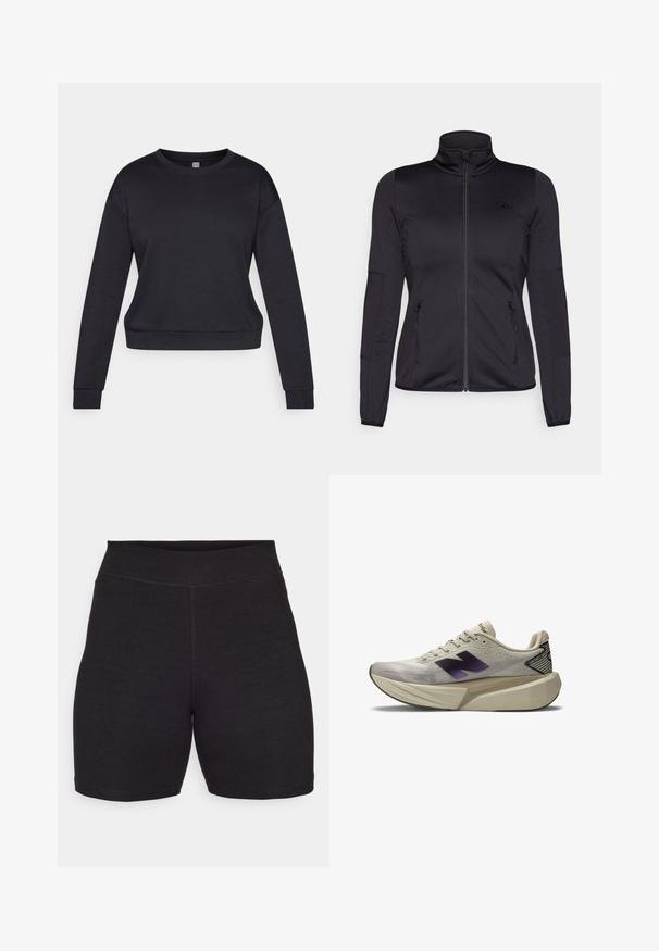 Črna jakna na zadrgo z visokim ovratnikom, izdelana iz gladkega, raztegljivega materiala, z dvema sprednjima žepoma na zadrgo in teksturiranimi rokavi.; Črni skrajšani pulover iz mehkega blaga. Ima dolge rokave, okroglo ovratnico in prilegajoč se pas. Enostavna, brez okrasitev.; Črne kolesarske kratke hlače z visokim pasom, izdelane iz raztegljivega, mehkega materiala. Imajo ravne šive in gladko teksturo za udobje.; Svetlo bež atletska čizma s debelim đonom, crno-purpurastim "N" logotipom sa strane i "FantomFit" oznakom na peti.