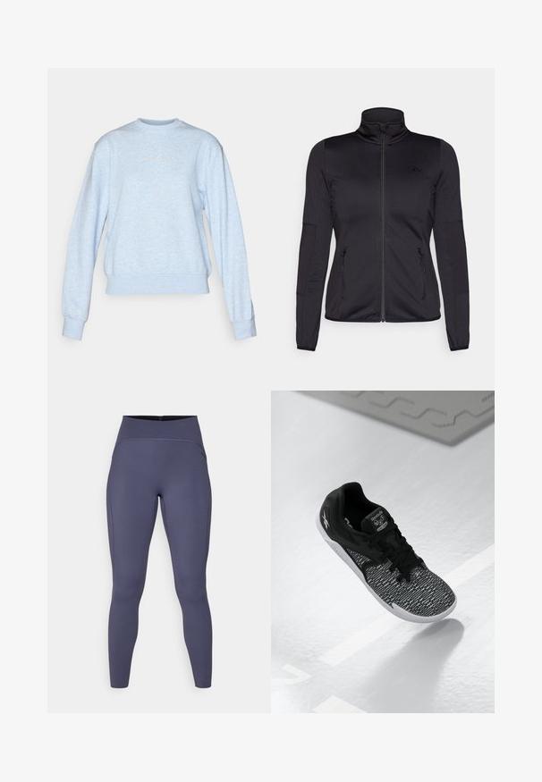 Melns zip-up jakas ar augstu apkakli, izgatavota no gludas, elastīgas auduma, ar divām kabatām priekšpusē ar rāvējslēdzējiem un teksturētām piedurknēm.; Gaiši zilas krāsas džemperis, kas izgatavots no mīksta auduma. Ar apaļu apkakli, garām piedurknēm un ribotiem maliem, centrā ir diskreta logo.; Augsti jostas leggins tumši pelēkā krāsā. Izgatavoti no elastīga auduma ar plakano šuvju un pieguļošu, sašaurinātu kāju dizainu.; Melna sporta kurpe ar teksturētu, rakstainu sieta augšdaļu, melnām auklām un baltu zoli. Iekļauj Reebok zīmolu uz mēles un sāniem.