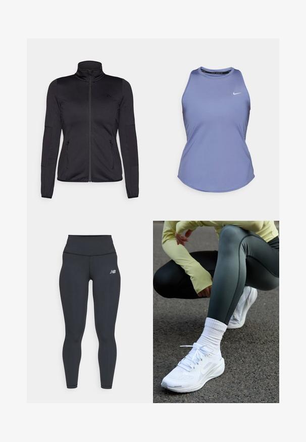 Svart zip-up jacka med hög krage, tillverkad av mjukt, stretchigt tyg, med två fickor framtill som stängs med dragkedja och texturerade ärmar.; Lila sporttopp utan ärmar med rund halsringning. Har en liten Nike-logotyp i vitt på vänster bröst. Slät textur.; Svarta tränings leggings med hög midja, med en slät yta och en liten vit New Balance-logga på låret.; Vita atletiska skor med mesh-överkonstruktion, platta snören och vadderad sula, i kombination med mörkgröna leggings och en ljusgul långärmad topp.
