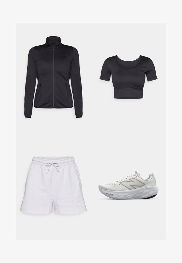 Černá bunda na zip s vysokým límcem, vyrobená z hladkého, elastického materiálu, se dvěma předními kapsami na zip a texturovanými rukávy.; Černý žebrovaný top s krátkými rukávy, širokým kulatým výstřihem a přiléhavým lemem na spodní části. Měkká textura, neformální design.; Světle šedé sportovní šortky vyrobené z měkké tkaniny, s elastickým pasem na šňůrku, bočními kapsami a jemným logem.; Bílé sportovní boty s síťovaným svrškem, vybavené polstrovaným límcem, texturovanou podrážkou a logem "Fresh Foam" na mezipodešvi.