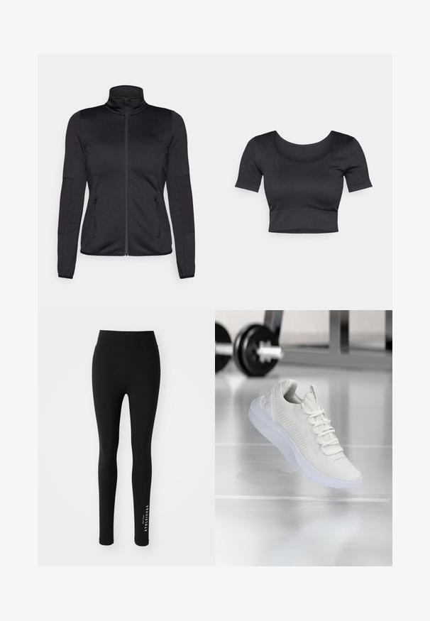 Black zip-up jacket with a high collar, constructed from smooth, stretchy fabric, featuring two zippered front pockets and textured sleeves.; Black ribbed cropped top with short sleeves, wide round neckline, and a fitted band at the bottom. Soft texture, casual design.; Black leggings made of stretchy fabric. High waist with smooth texture. Features white text along the lower leg saying "ATHELEISURE."; White athletic sneaker with a textured mesh upper and lacing system, featuring a cushioned white sole and subtle ribbed accents.