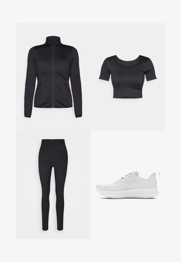 Melns zip-up jakas ar augstu apkakli, izgatavota no gludas, elastīgas auduma, ar divām kabatām priekšpusē ar rāvējslēdzējiem un teksturētām piedurknēm.; Melnas ribotas īsās piedurknes apgrieztais tops ar plašu apaļu dekoltē un pieguļošu joslu apakšā. Maiga tekstūra, ikdienišķs dizains.; Melnas legingi, izgatavoti no elastīga auduma, ar augstu jostasvietu, ribotām paneļiem sānos un pieguļošu dizainu, kas pieguļ potītēm.; Gai pelēki sporta apavi ar teksturētu virsmu, ar caurumiem, kas nodrošina gaisa cirkulāciju, un gumijas zoli ar izteiktu protektora rakstu.