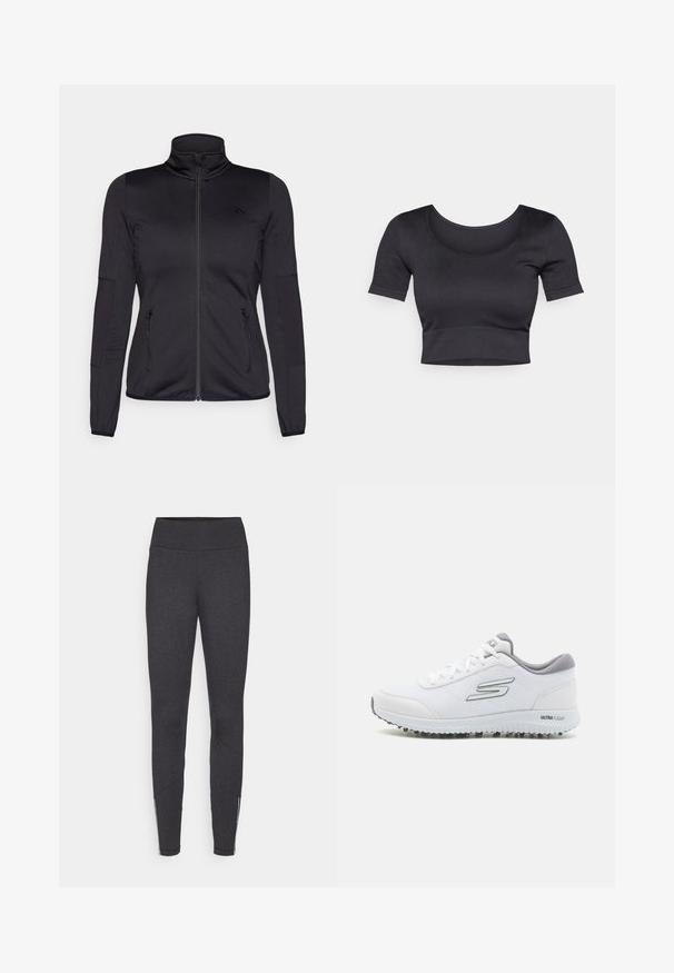 Must ehk üles tõmmatav jakk, millel on kõrge krae, valmistatud siledast ja venivast kangast, millel on kaks lukuga esikotid ja tekstureeritud varrukad.; Must have rõngaste ja lühikeste varrukatega must ribakujundusega topsi, millel on lai ümar dekoltee ja madal vöökoht. Pehme tekstuur, juhuslik disain.; Tumedat hallid leggingsid, millel on kõrge vöökoht, valmistatud venivast kangast, külgedel on ankle'itel tõmblukud ja pind on sile.; Valged spordisussid tekstuurses võrgusüvas, hõbedased detailid ja kerge tallaga, kus on väikesed haardepunktid, märgitud "ULTRA FLIGHT."
