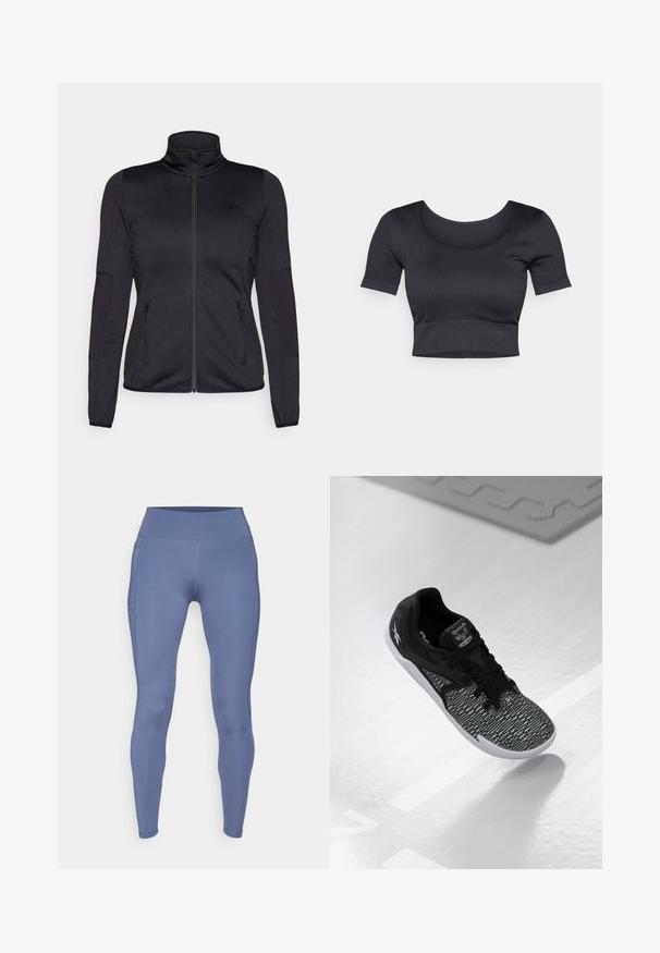Black zip-up jacket with a high collar, constructed from smooth, stretchy fabric, featuring two zippered front pockets and textured sleeves.; Black ribbed cropped top with short sleeves, wide round neckline, and a fitted band at the bottom. Soft texture, casual design.; ONLY Play ONPJAM-2-FONT - Leggings - vintage indigo; Black athletic shoe with a textured, patterned mesh upper, black laces, and a white sole. Features Reebok branding on the tongue and side.